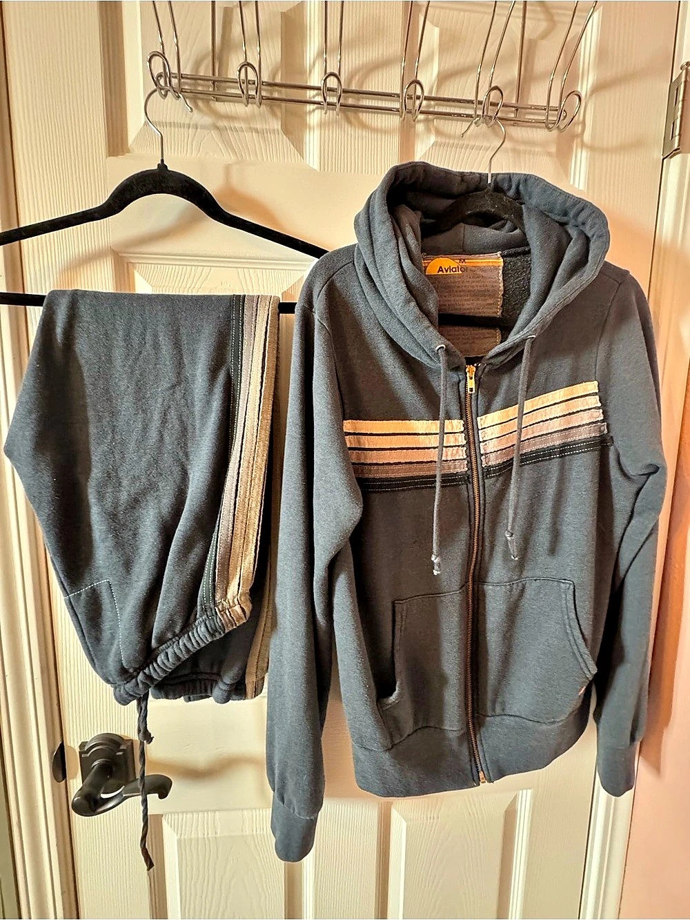 Aviator Nation 5 Stripe Zip Hoodie and Sweatpants Set Gray